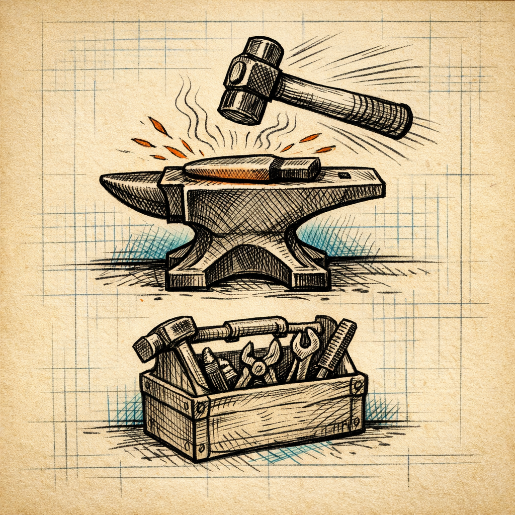 Hand-drawn anvil with hammer mid-strike, toolbox below