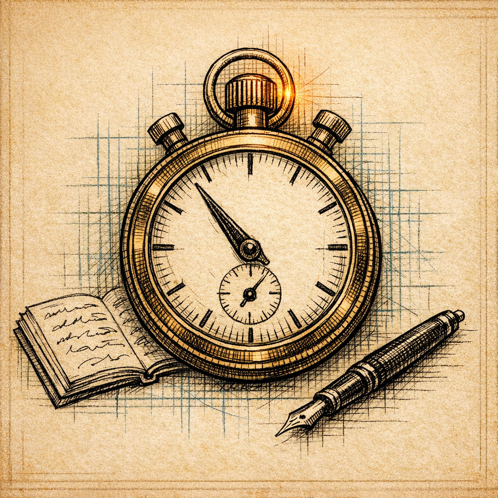 Hand-drawn stopwatch with notebook and pen