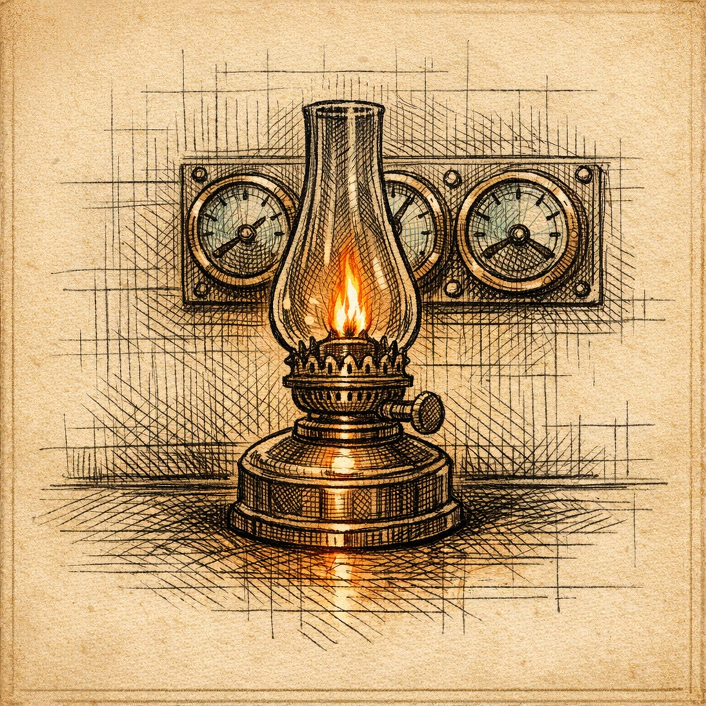 Hand-drawn brass oil lamp in front of a wall of gauges